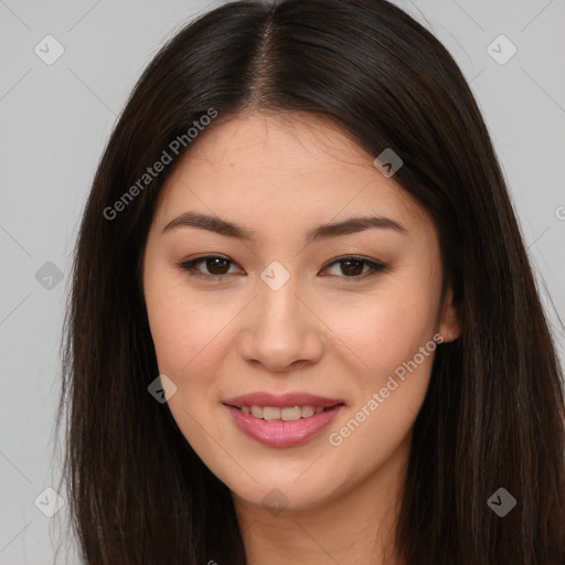 Joyful asian young-adult female with long  brown hair and brown eyes