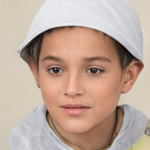 Joyful white child female with short  brown hair and brown eyes