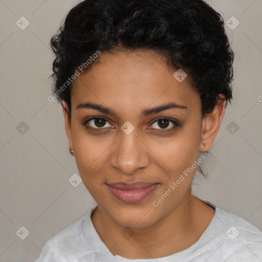 Joyful latino young-adult female with short  brown hair and brown eyes