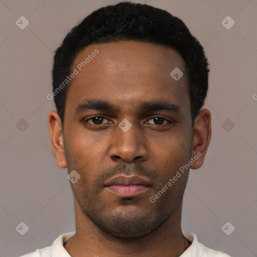 Neutral black young-adult male with short  black hair and brown eyes