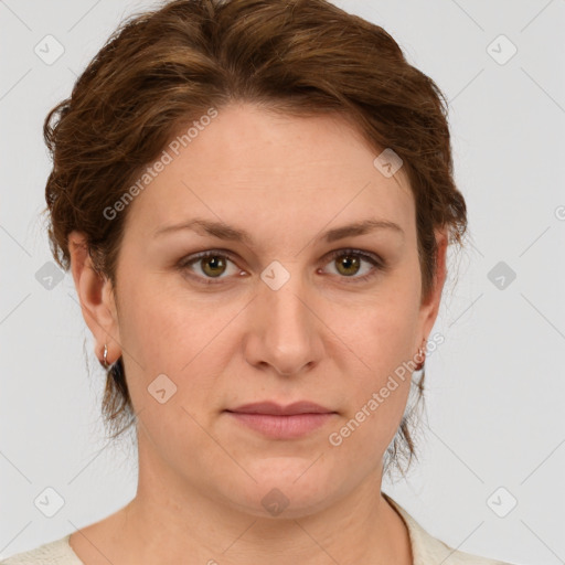 Joyful white young-adult female with medium  brown hair and green eyes