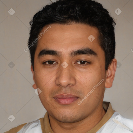 Neutral latino young-adult male with short  black hair and brown eyes