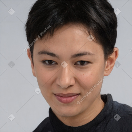 Joyful asian young-adult female with short  brown hair and brown eyes