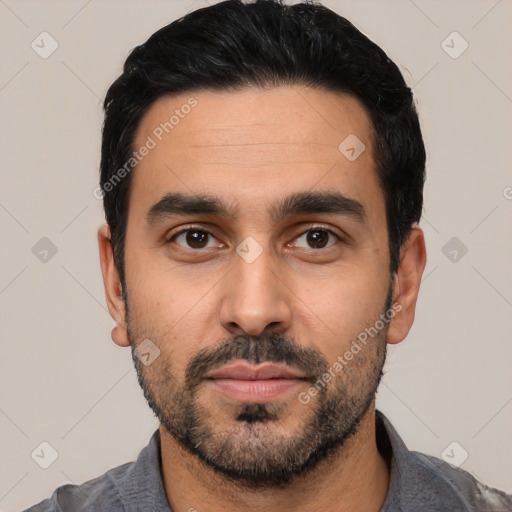 Neutral latino young-adult male with short  black hair and brown eyes