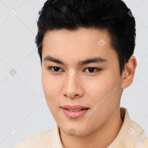 Joyful asian young-adult male with short  black hair and brown eyes