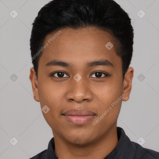 Joyful latino young-adult male with short  black hair and brown eyes