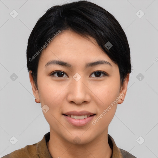 Joyful asian young-adult female with short  brown hair and brown eyes