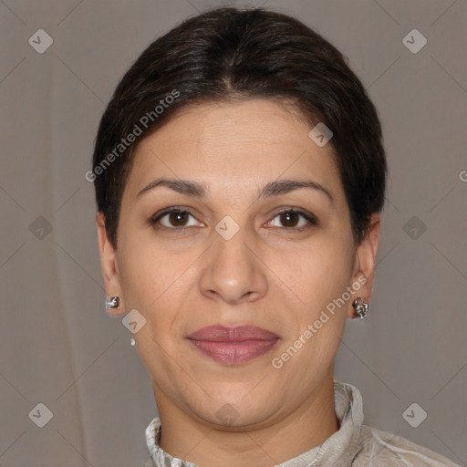 Joyful white adult female with short  brown hair and brown eyes