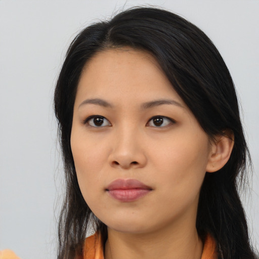 Neutral asian young-adult female with long  black hair and brown eyes