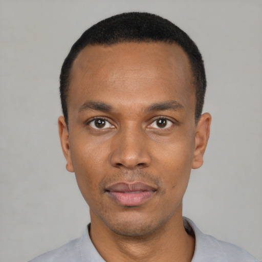 Neutral black young-adult male with short  black hair and brown eyes
