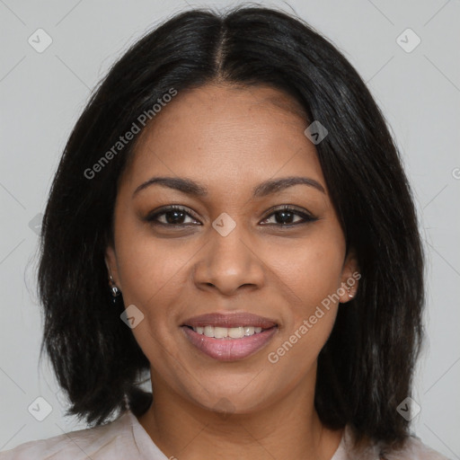 Joyful black young-adult female with medium  brown hair and brown eyes