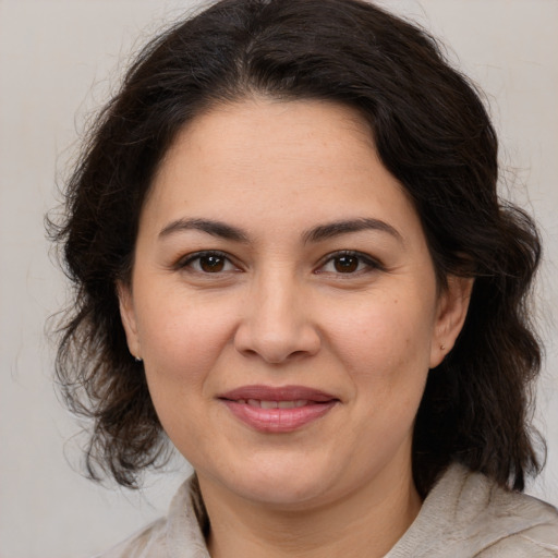 Joyful white adult female with medium  brown hair and brown eyes