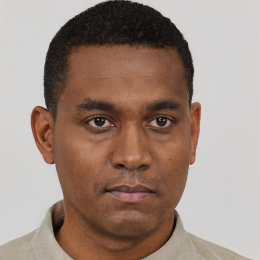 Neutral black young-adult male with short  black hair and brown eyes