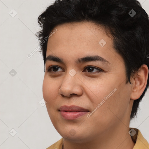 Joyful asian young-adult female with medium  brown hair and brown eyes