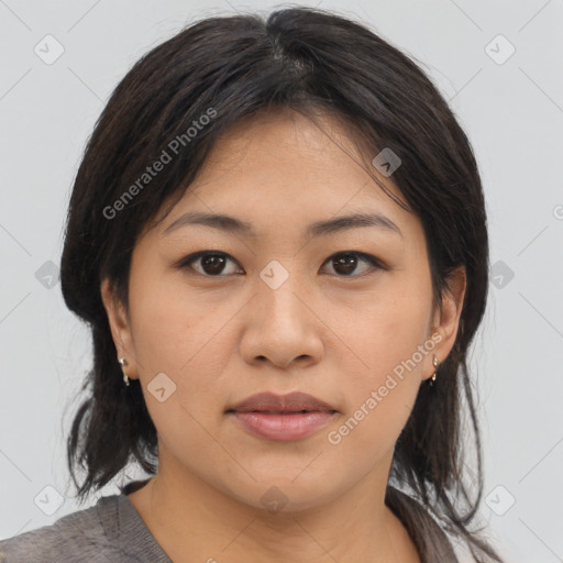 Neutral asian young-adult female with medium  brown hair and brown eyes