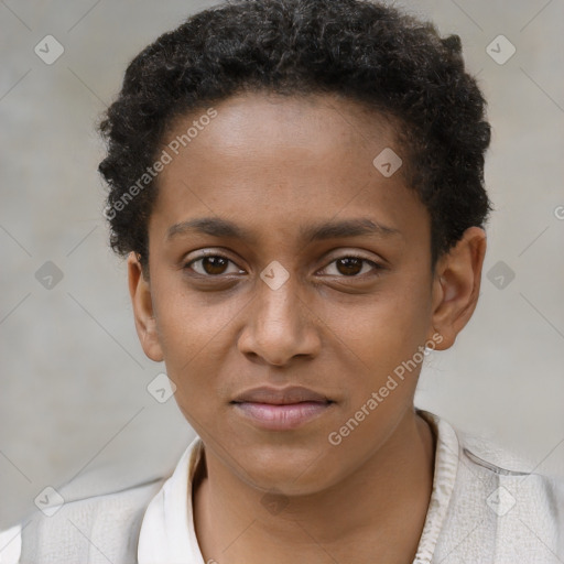 Neutral black young-adult female with short  brown hair and brown eyes