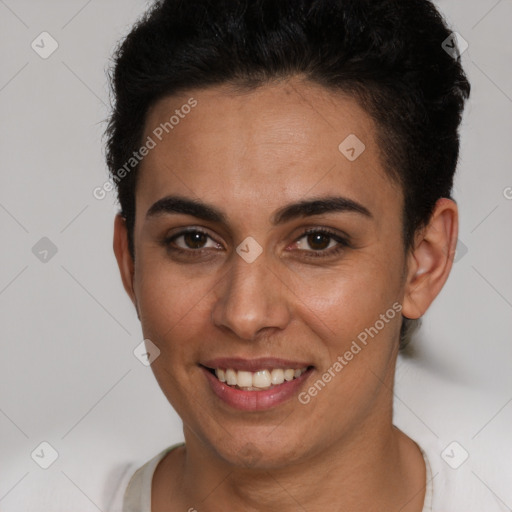 Joyful white young-adult female with short  brown hair and brown eyes