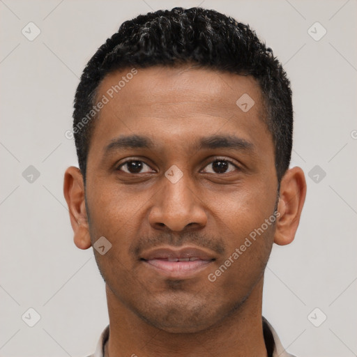 Neutral latino young-adult male with short  black hair and brown eyes