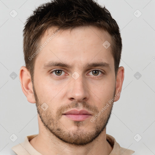 Neutral white young-adult male with short  brown hair and brown eyes