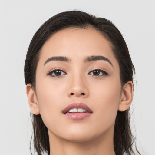 Neutral asian young-adult female with long  brown hair and brown eyes