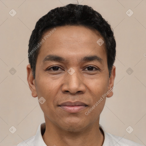 Joyful latino adult male with short  black hair and brown eyes