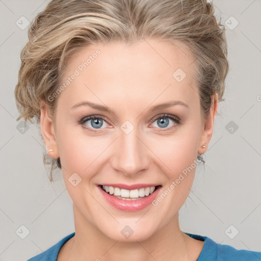 Joyful white young-adult female with medium  brown hair and blue eyes