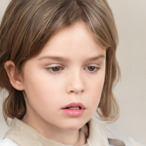 Neutral white child female with medium  brown hair and grey eyes