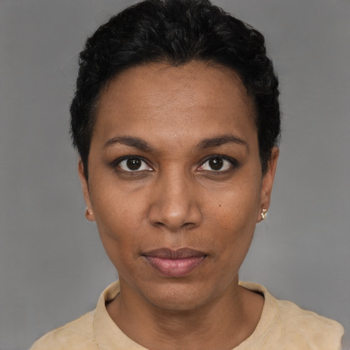 Neutral black young-adult female with short  black hair and brown eyes