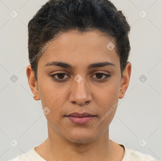 Joyful latino young-adult female with short  brown hair and brown eyes