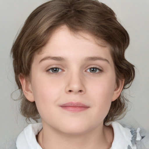 Neutral white child female with medium  brown hair and grey eyes