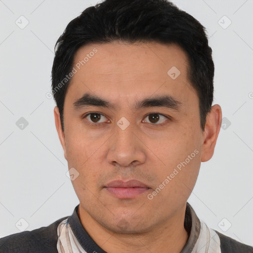 Neutral asian young-adult male with short  black hair and brown eyes