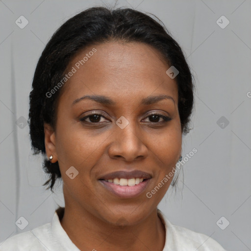 Joyful black young-adult female with medium  brown hair and brown eyes
