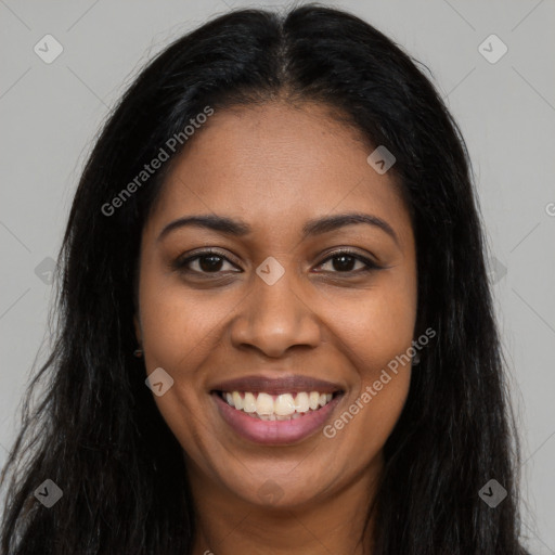 Joyful latino young-adult female with long  brown hair and brown eyes