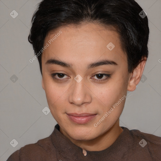 Joyful asian young-adult female with short  brown hair and brown eyes