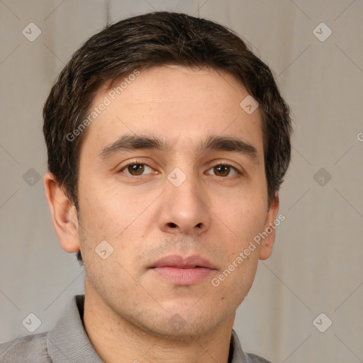 Neutral white young-adult male with short  brown hair and brown eyes