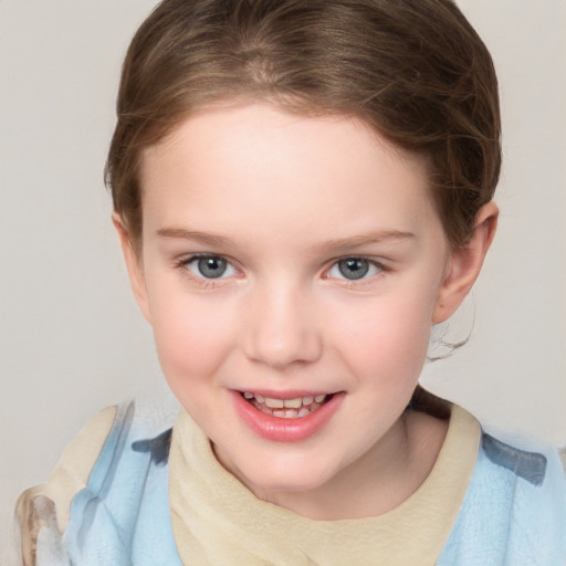 Joyful white child female with medium  brown hair and blue eyes