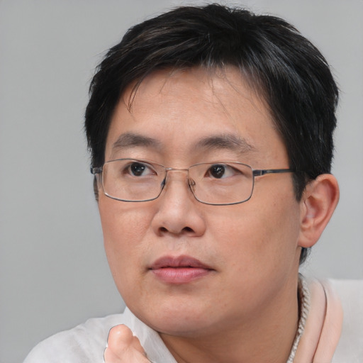 Neutral asian adult male with short  brown hair and brown eyes
