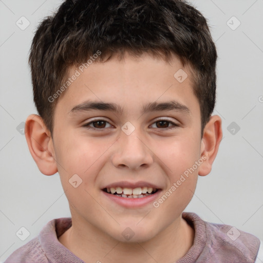 Joyful white child male with short  brown hair and brown eyes