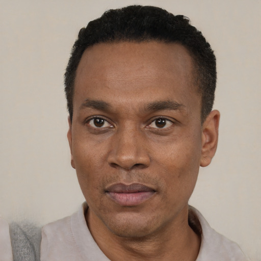 Neutral black adult male with short  black hair and brown eyes