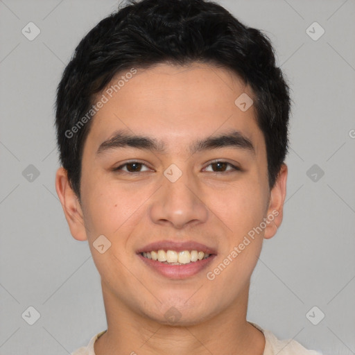 Joyful white young-adult male with short  black hair and brown eyes