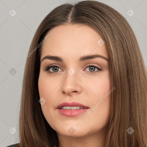 Neutral white young-adult female with long  brown hair and brown eyes