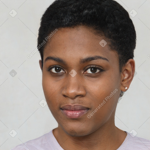 Neutral black young-adult female with short  black hair and brown eyes