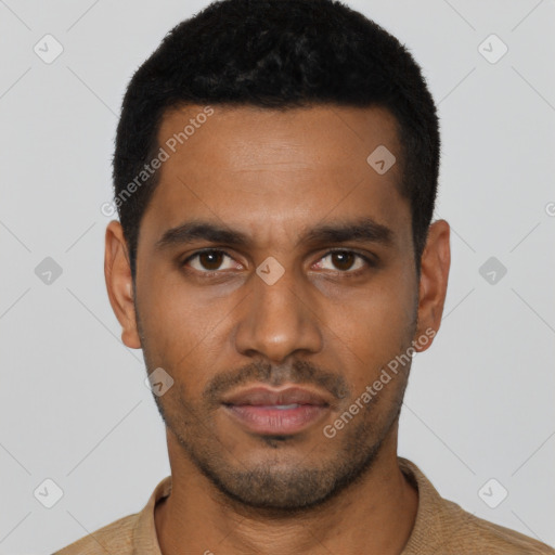 Neutral black young-adult male with short  black hair and brown eyes