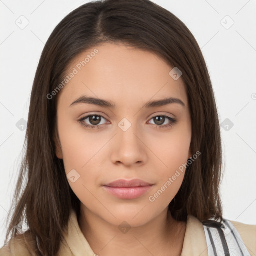 Neutral white young-adult female with long  brown hair and brown eyes