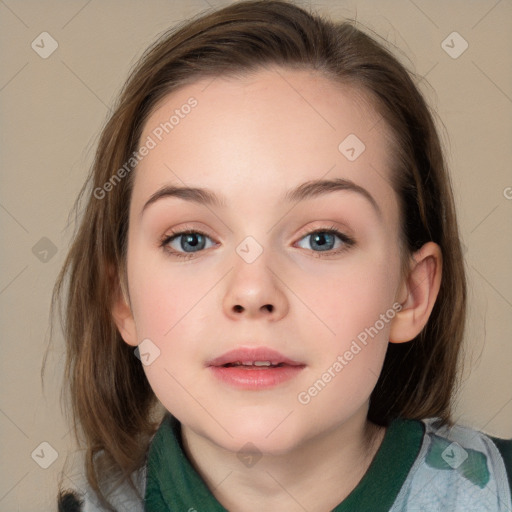 Neutral white child female with medium  brown hair and grey eyes