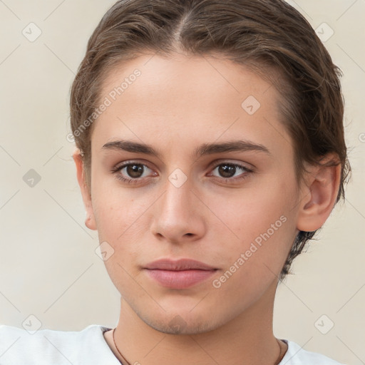 Neutral white young-adult female with short  brown hair and brown eyes