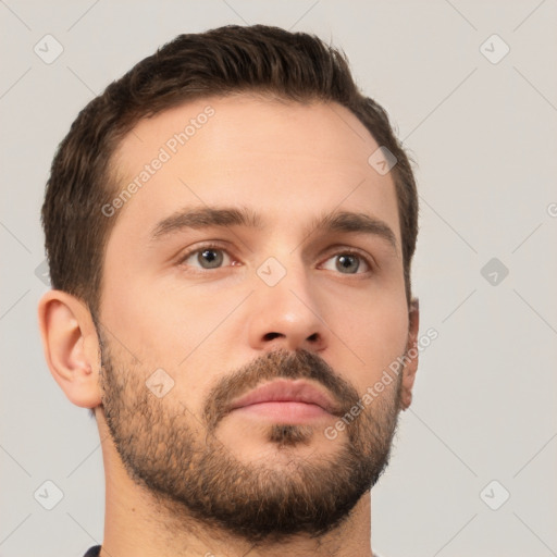 Neutral white young-adult male with short  brown hair and brown eyes