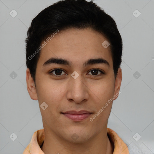 Joyful asian young-adult male with short  brown hair and brown eyes