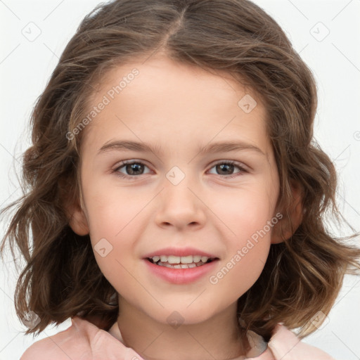 Joyful white child female with medium  brown hair and brown eyes