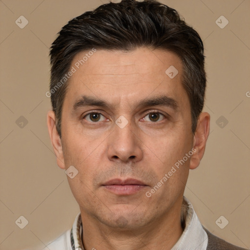 Neutral white adult male with short  brown hair and brown eyes